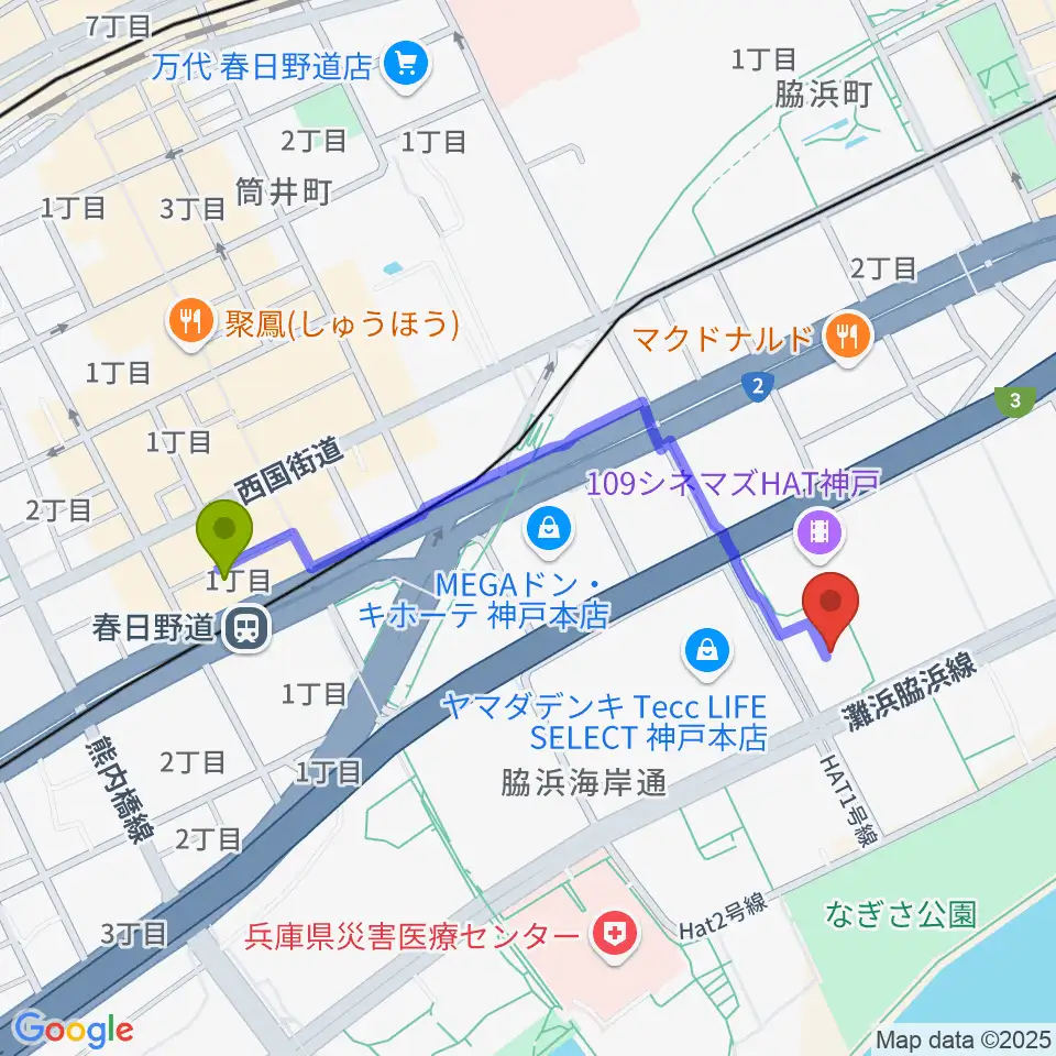 Sysmex Kobe Ice Campusの最寄駅春日野道駅からの徒歩ルート（約9分）地図