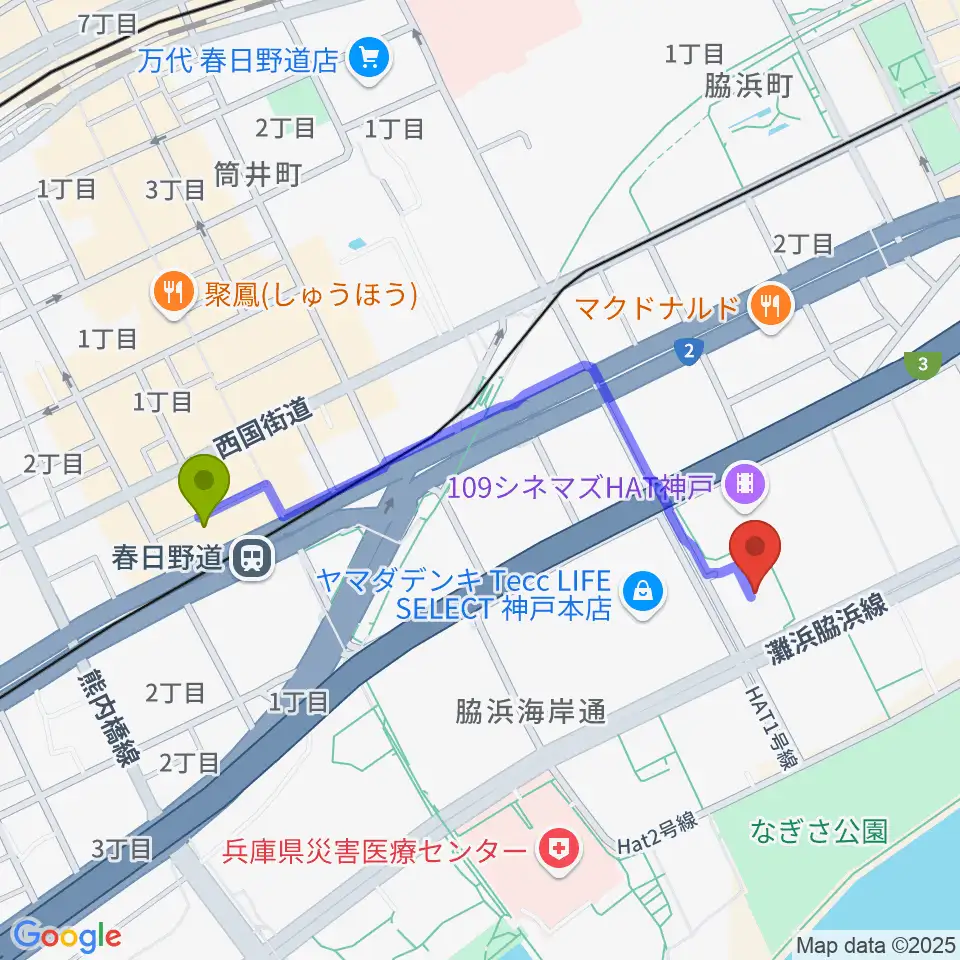 Sysmex Kobe Ice Campusの最寄駅春日野道駅からの徒歩ルート（約9分）地図