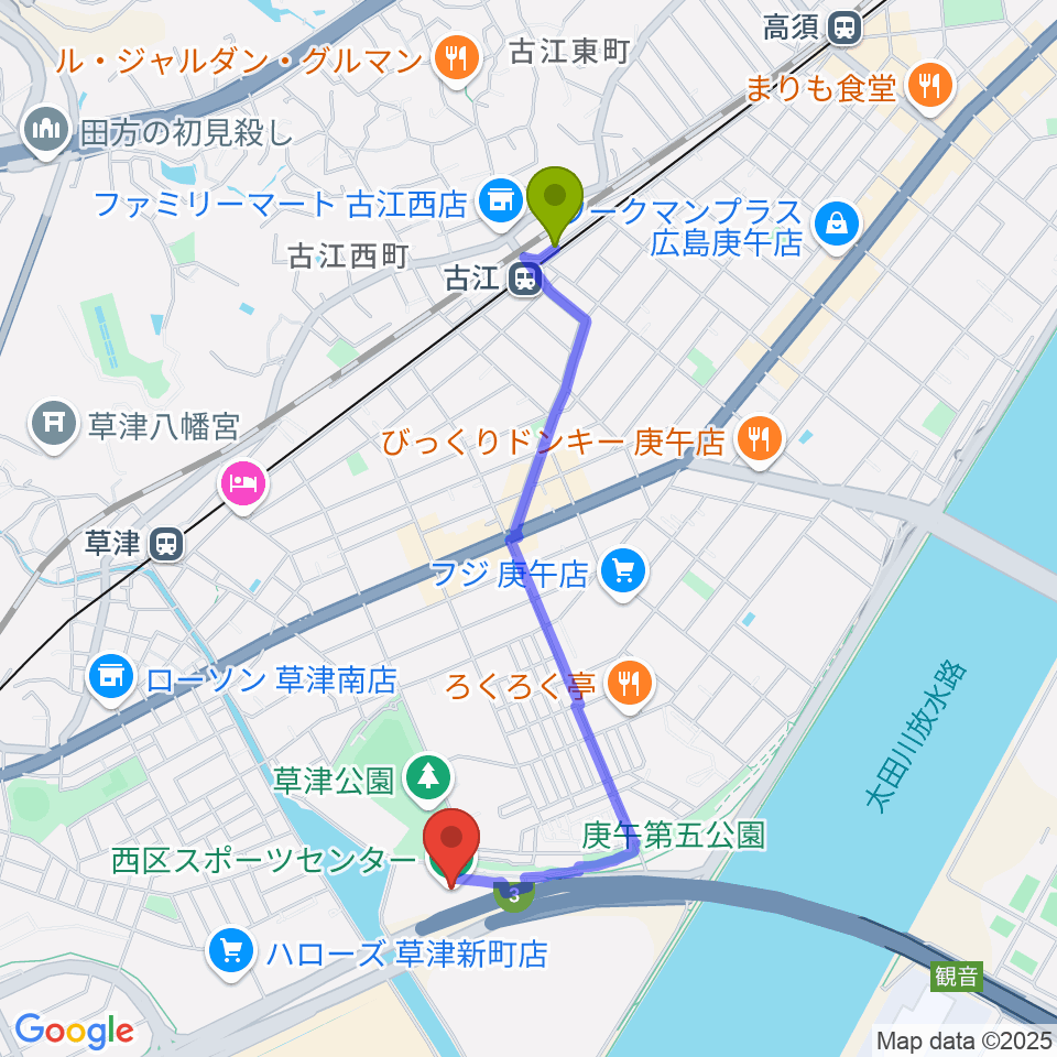 古江駅から広島市西区スポーツセンターへのルートマップ地図