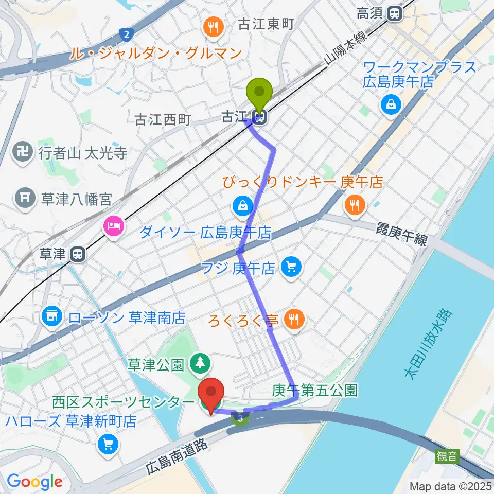 古江駅から広島市西区スポーツセンターへのルートマップ地図