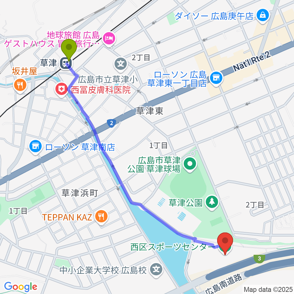 広島市西区スポーツセンターの最寄駅草津駅からの徒歩ルート（約13分）地図