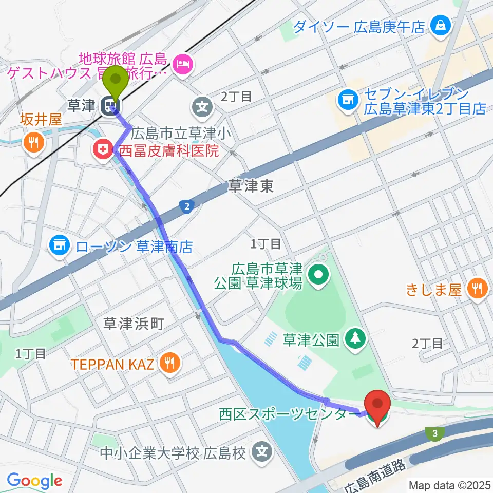 広島市西区スポーツセンターの最寄駅草津駅からの徒歩ルート（約13分）地図