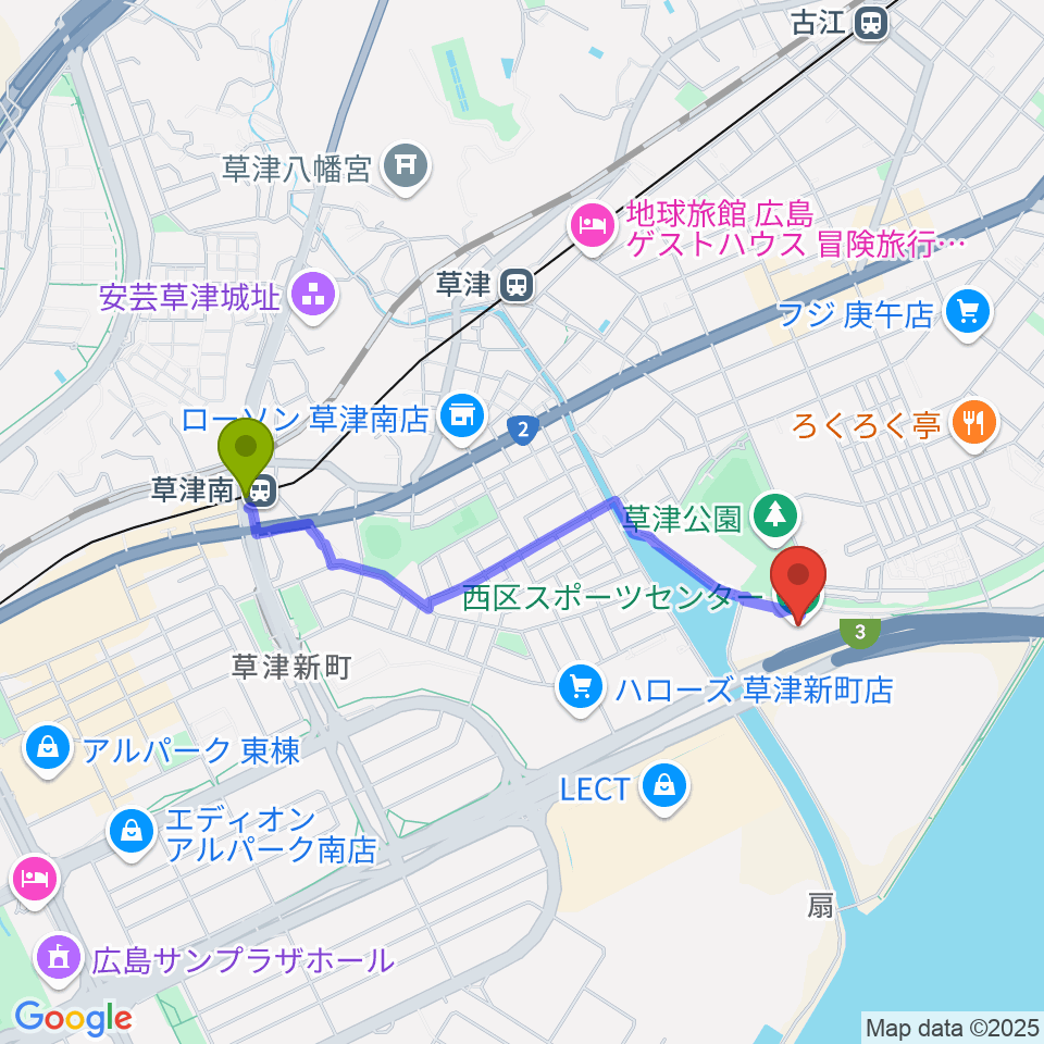 草津南駅から広島市西区スポーツセンターへのルートマップ地図