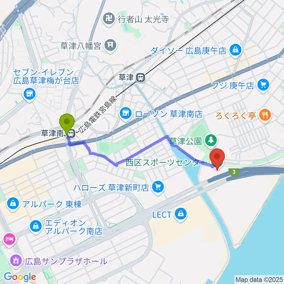 草津南駅から広島市西区スポーツセンターへのルートマップ地図