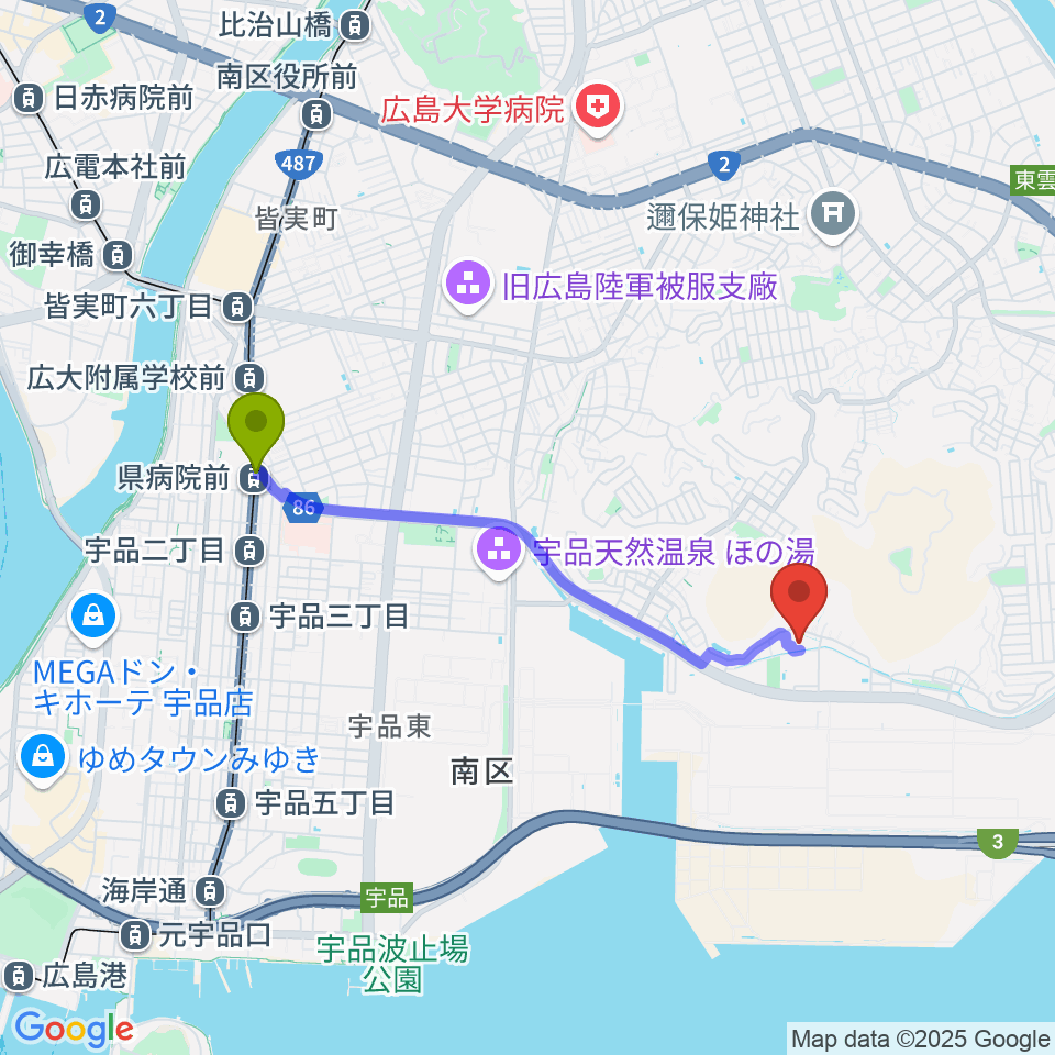 県病院前駅から広島市南区スポーツセンターへのルートマップ地図