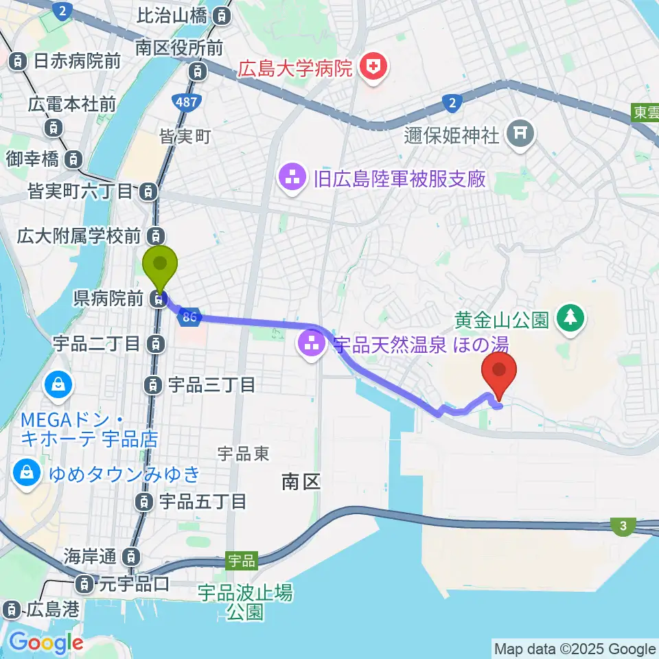 県病院前駅から広島市南区スポーツセンターへのルートマップ地図