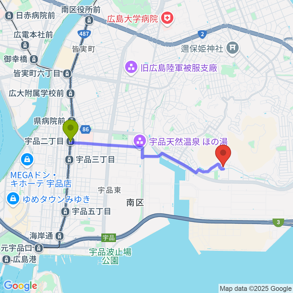 宇品二丁目駅から広島市南区スポーツセンターへのルートマップ地図