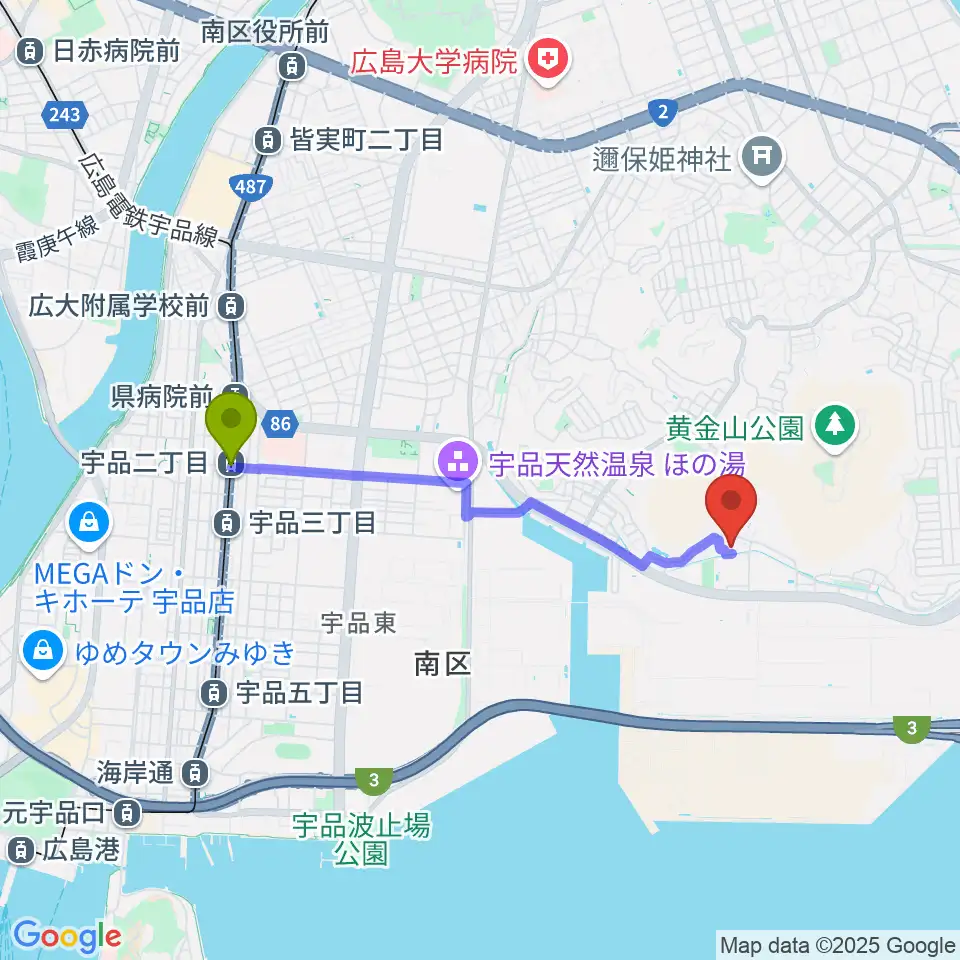 宇品二丁目駅から広島市南区スポーツセンターへのルートマップ地図