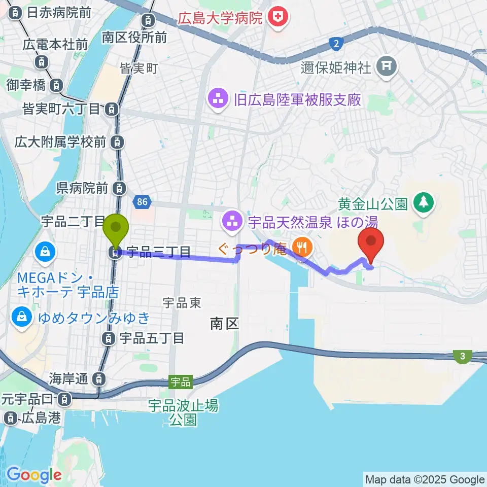 広島市南区スポーツセンターの最寄駅宇品三丁目駅からの徒歩ルート（約33分）地図