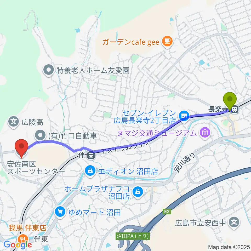 長楽寺駅からプローバグループ安佐南区スポーツセンターへのルートマップ地図