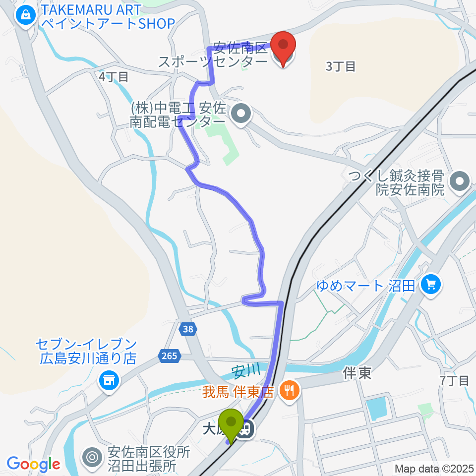 大原駅から広島市安佐南区スポーツセンターへのルートマップ地図