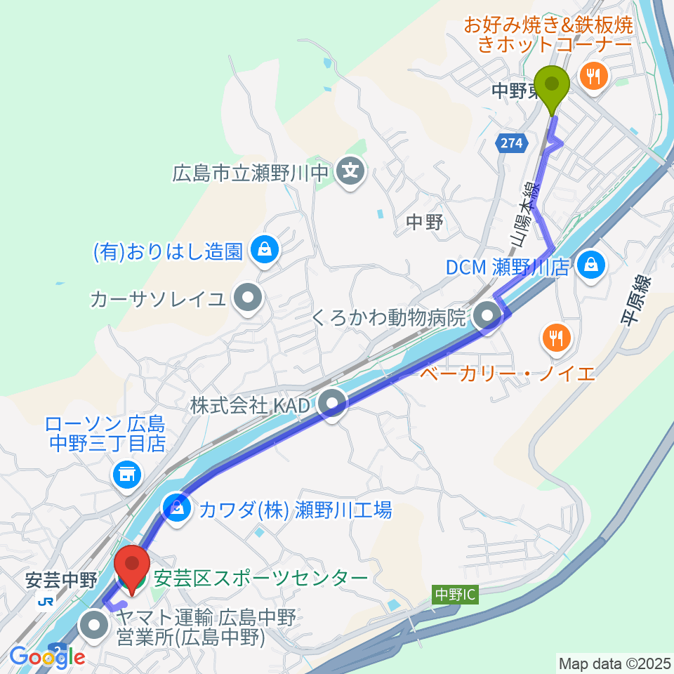 中野東駅から広島市安芸区スポーツセンターへのルートマップ地図