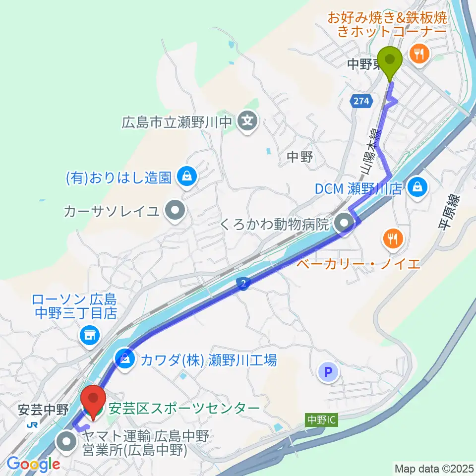 中野東駅から広島市安芸区スポーツセンターへのルートマップ地図