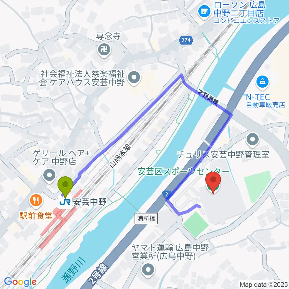 広島市安芸区スポーツセンターの最寄駅安芸中野駅からの徒歩ルート（約4分）地図