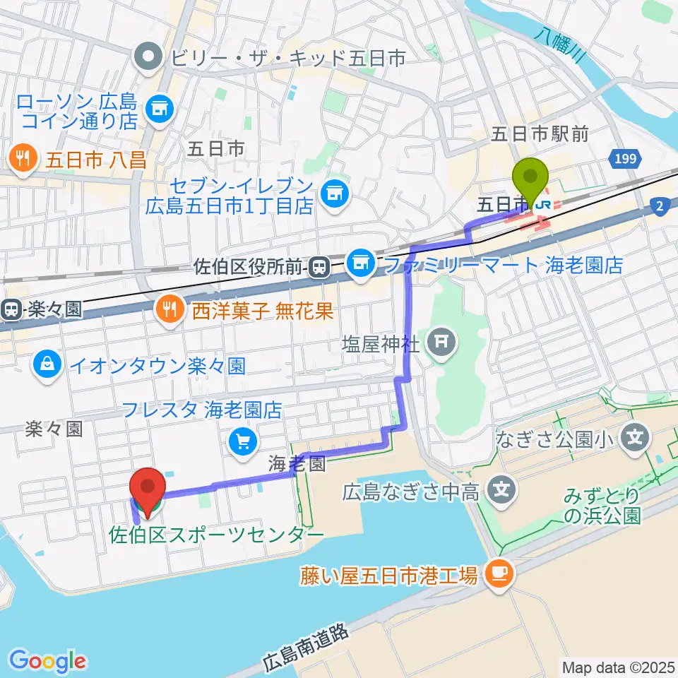 五日市駅から広島市佐伯区スポーツセンターへのルートマップ地図