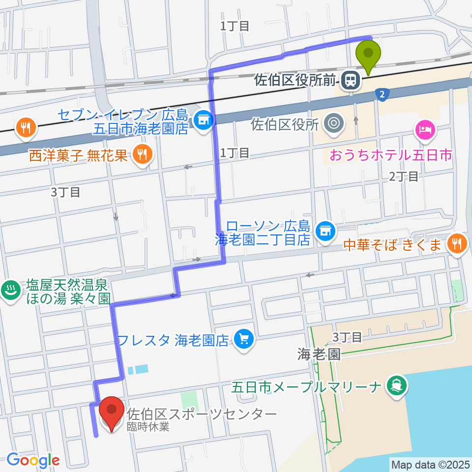 佐伯区役所前駅から広島市佐伯区スポーツセンターへのルートマップ地図