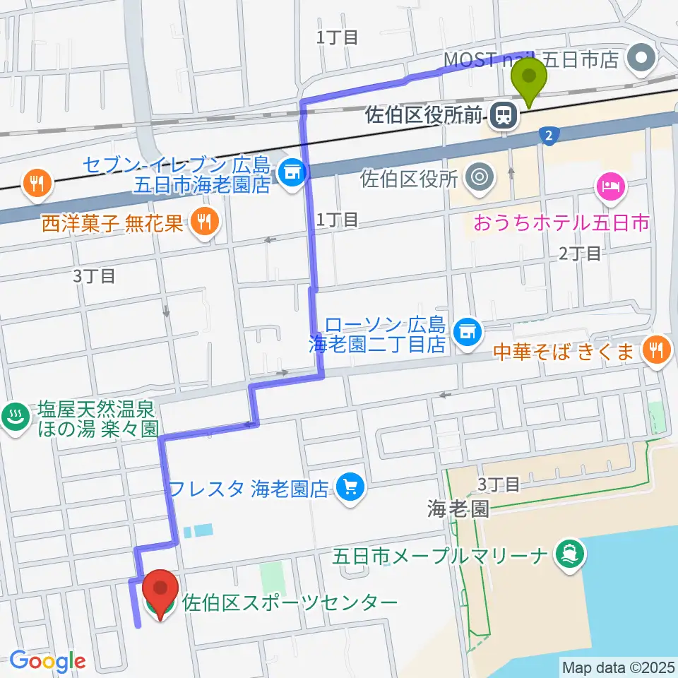 佐伯区役所前駅から広島市佐伯区スポーツセンターへのルートマップ地図