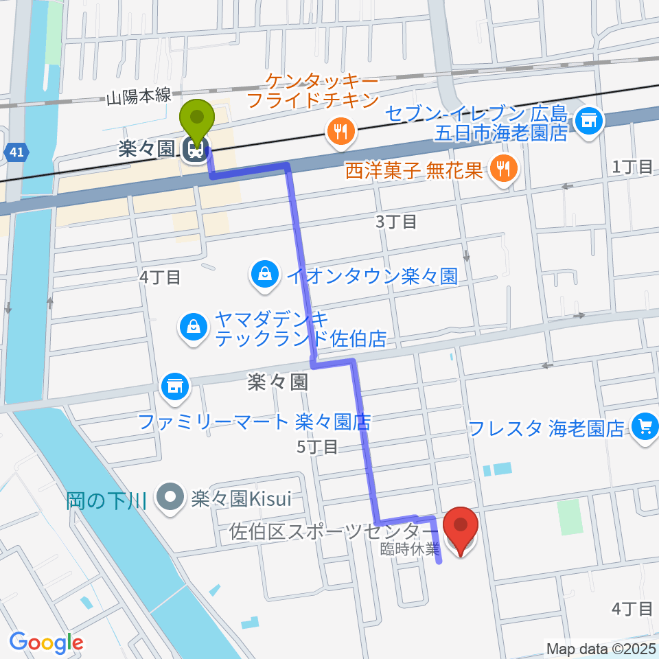 広島市佐伯区スポーツセンターの最寄駅楽々園駅からの徒歩ルート（約12分）地図