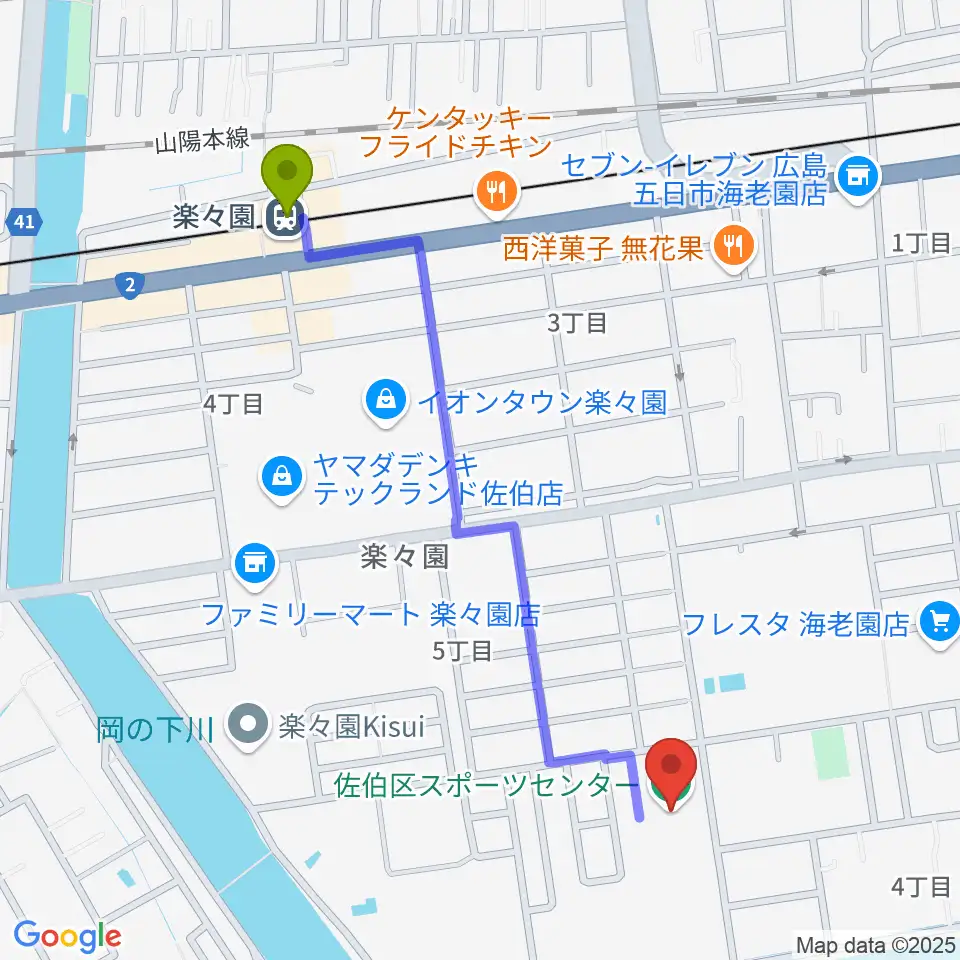 広島市佐伯区スポーツセンターの最寄駅楽々園駅からの徒歩ルート（約12分）地図