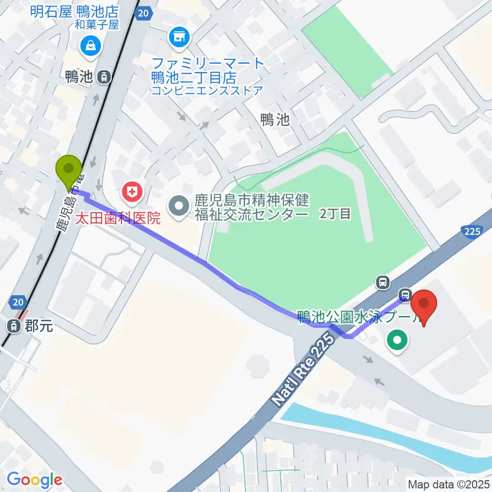 鴨池公園水泳プールの最寄駅鴨池駅からの徒歩ルート（約6分）地図