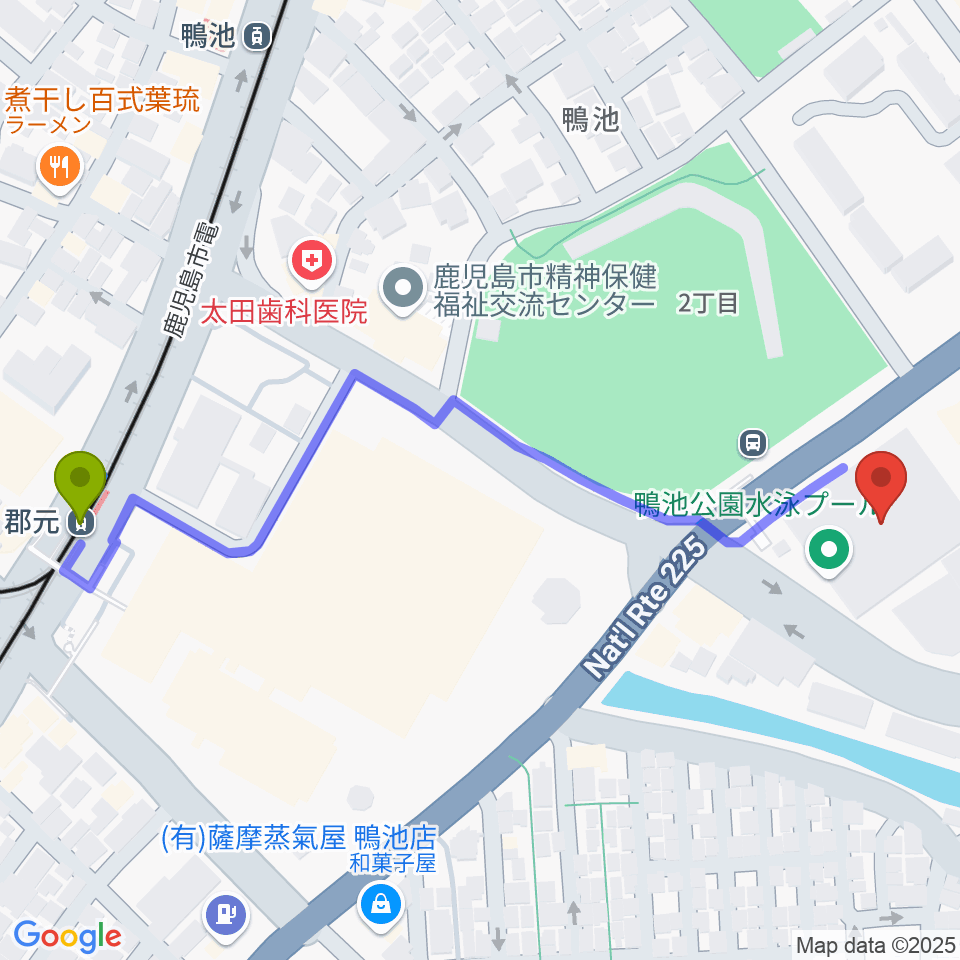 郡元駅から鴨池公園水泳プールへのルートマップ地図