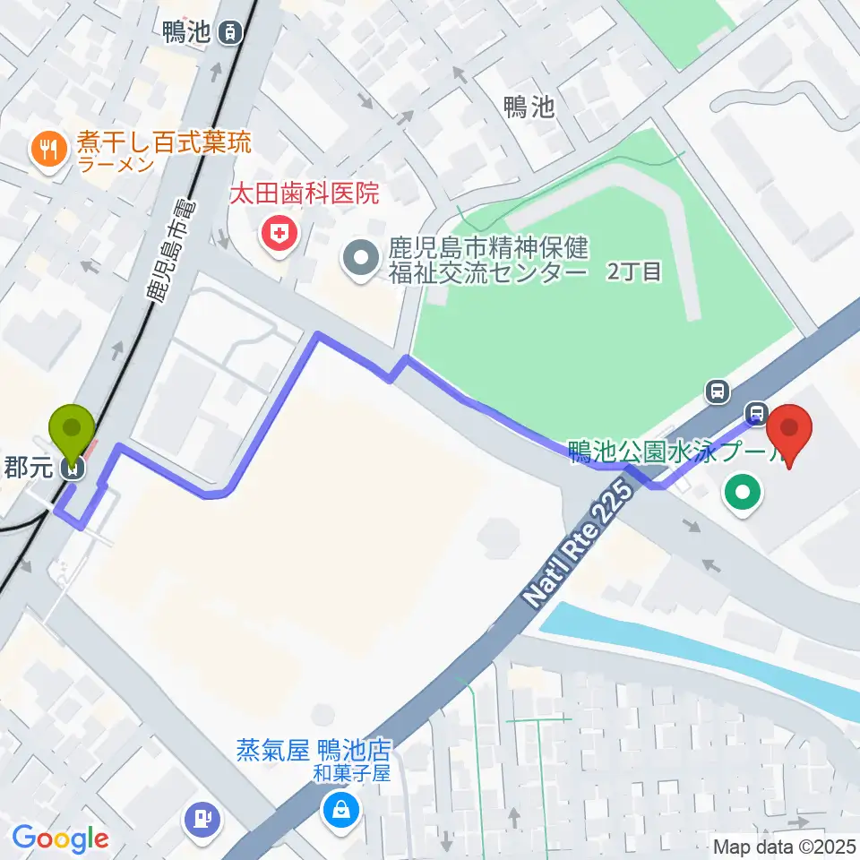 郡元駅から鴨池公園水泳プールへのルートマップ地図