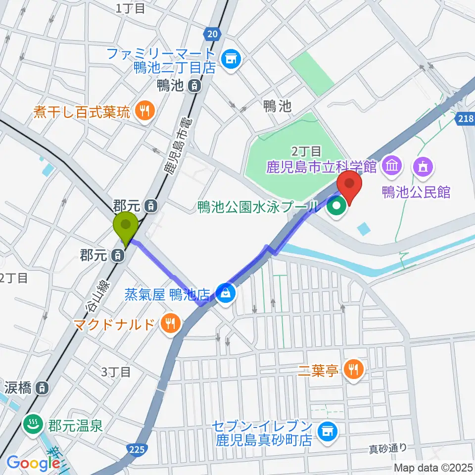 郡元南駅から鴨池公園水泳プールへのルートマップ地図