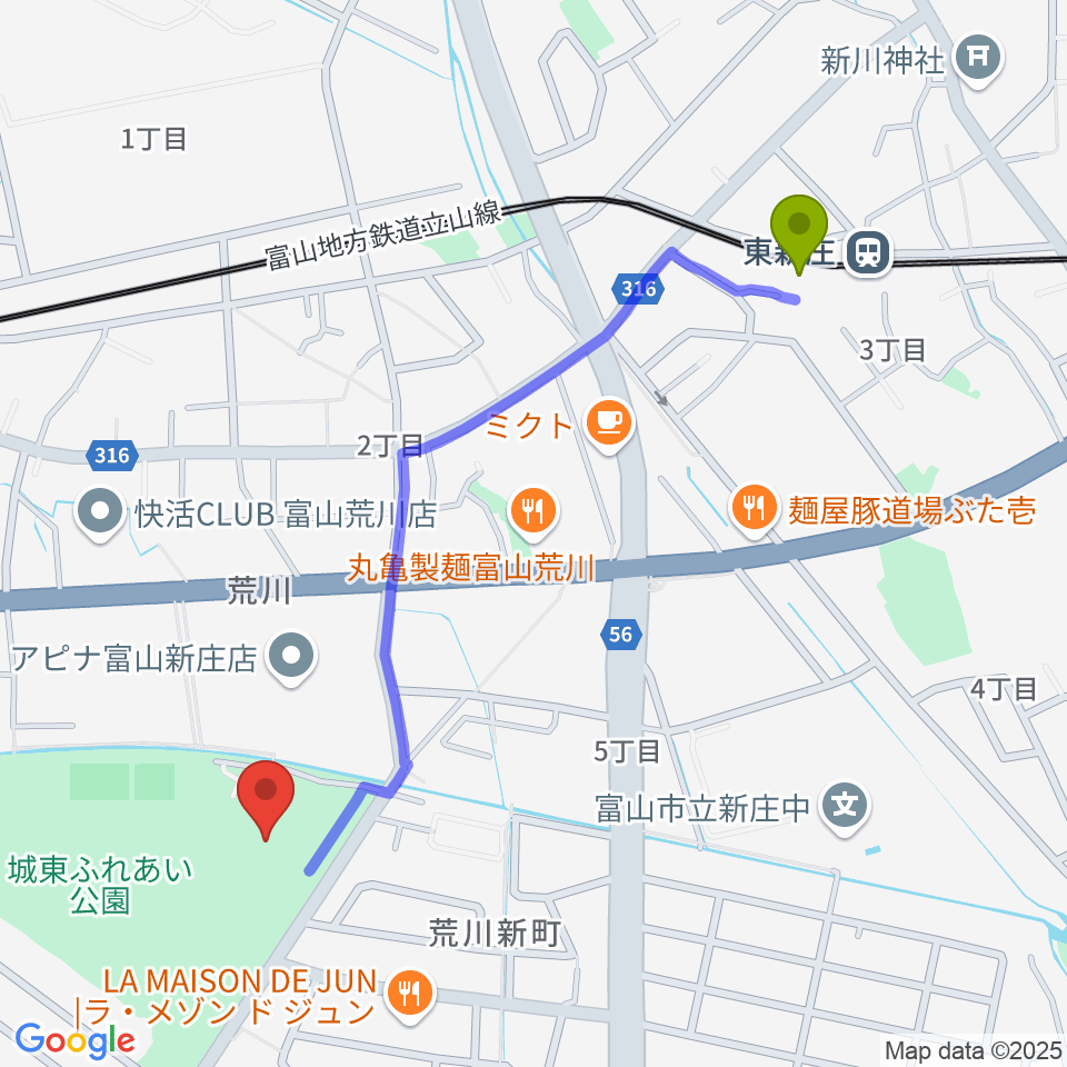 富山市民プールの最寄駅東新庄駅からの徒歩ルート（約11分）地図