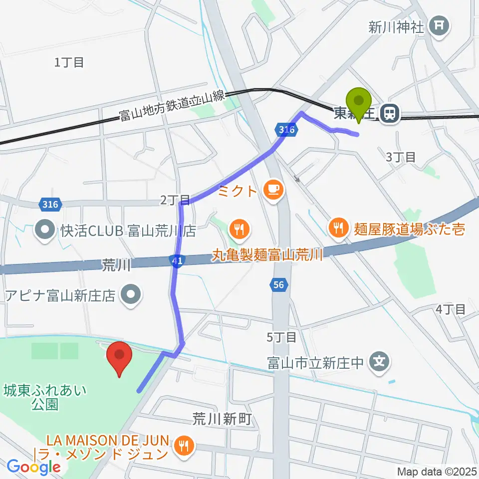 富山市民プールの最寄駅東新庄駅からの徒歩ルート（約11分）地図