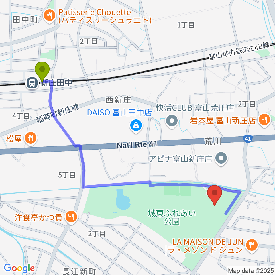 新庄田中駅から富山市民プールへのルートマップ地図