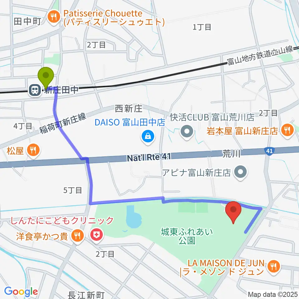 新庄田中駅から富山市民プールへのルートマップ地図