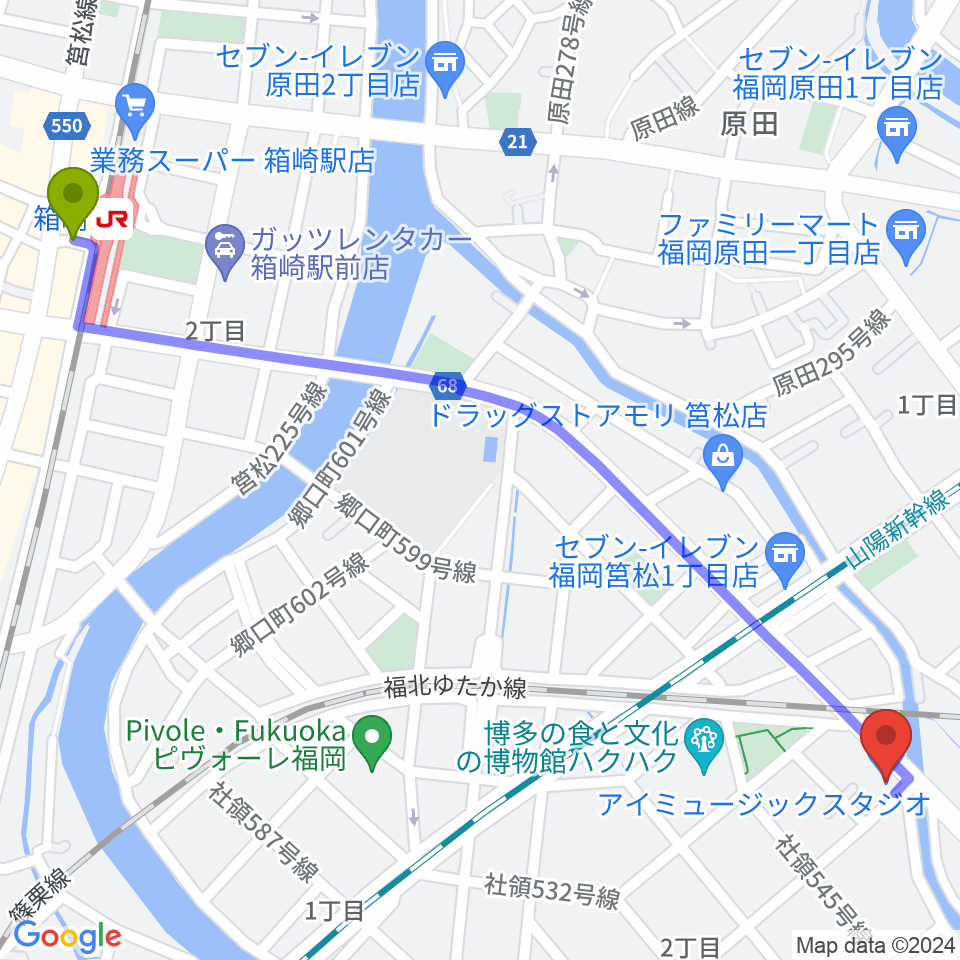 箱崎駅からアイミュージックスタジオへのルートマップ地図