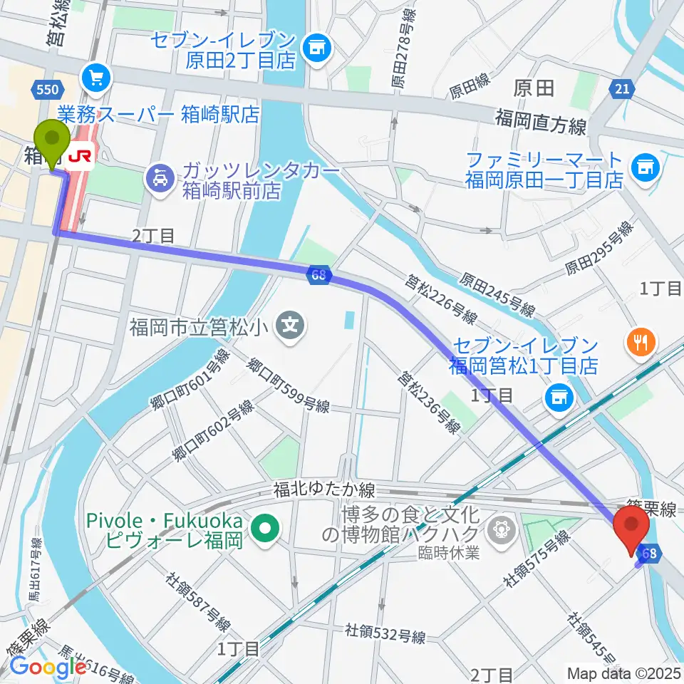 箱崎駅からアイミュージックスタジオへのルートマップ地図