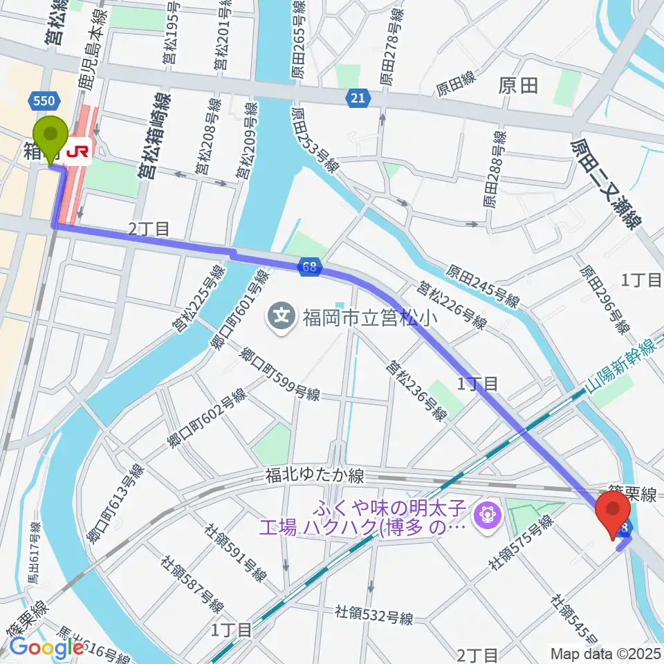 箱崎駅からアイミュージックスタジオへのルートマップ地図