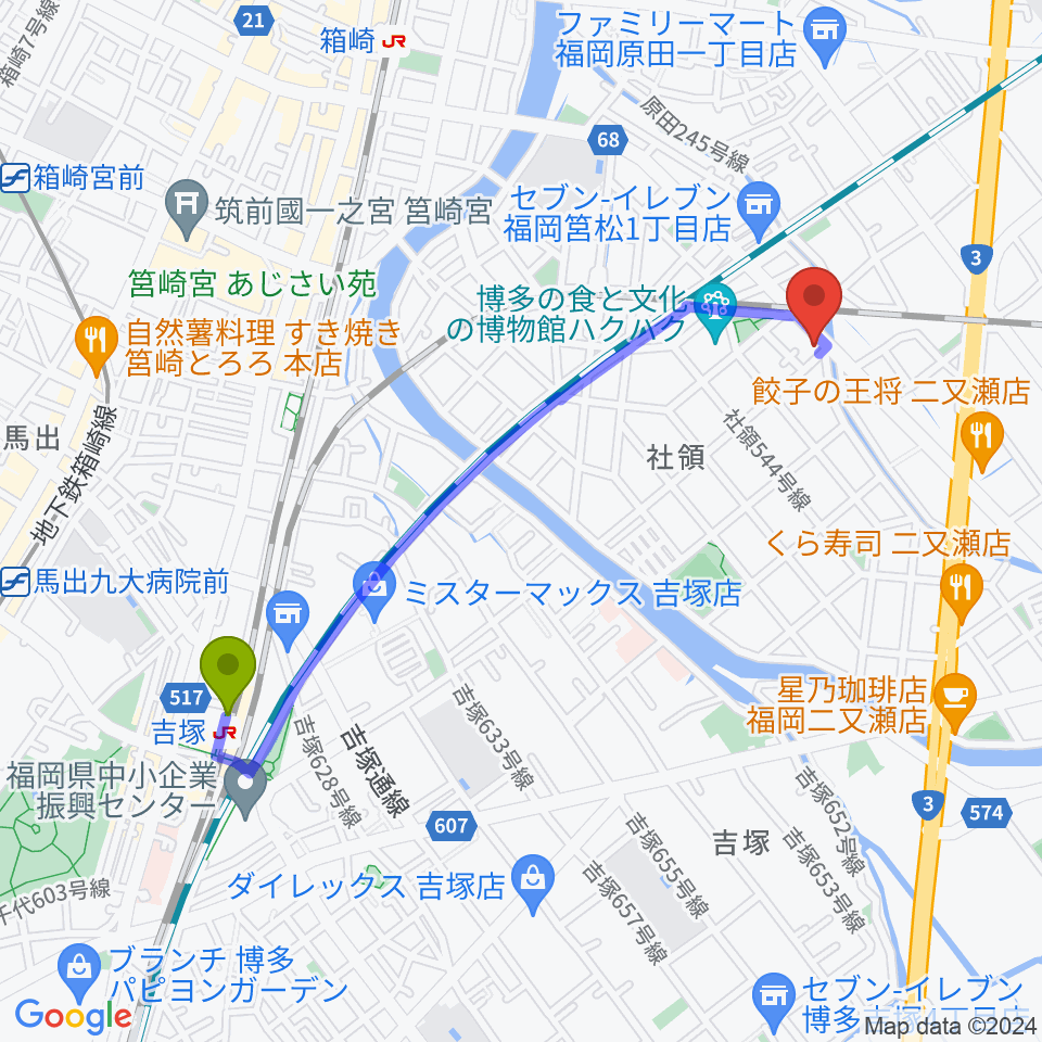 吉塚駅からアイミュージックスタジオへのルートマップ地図