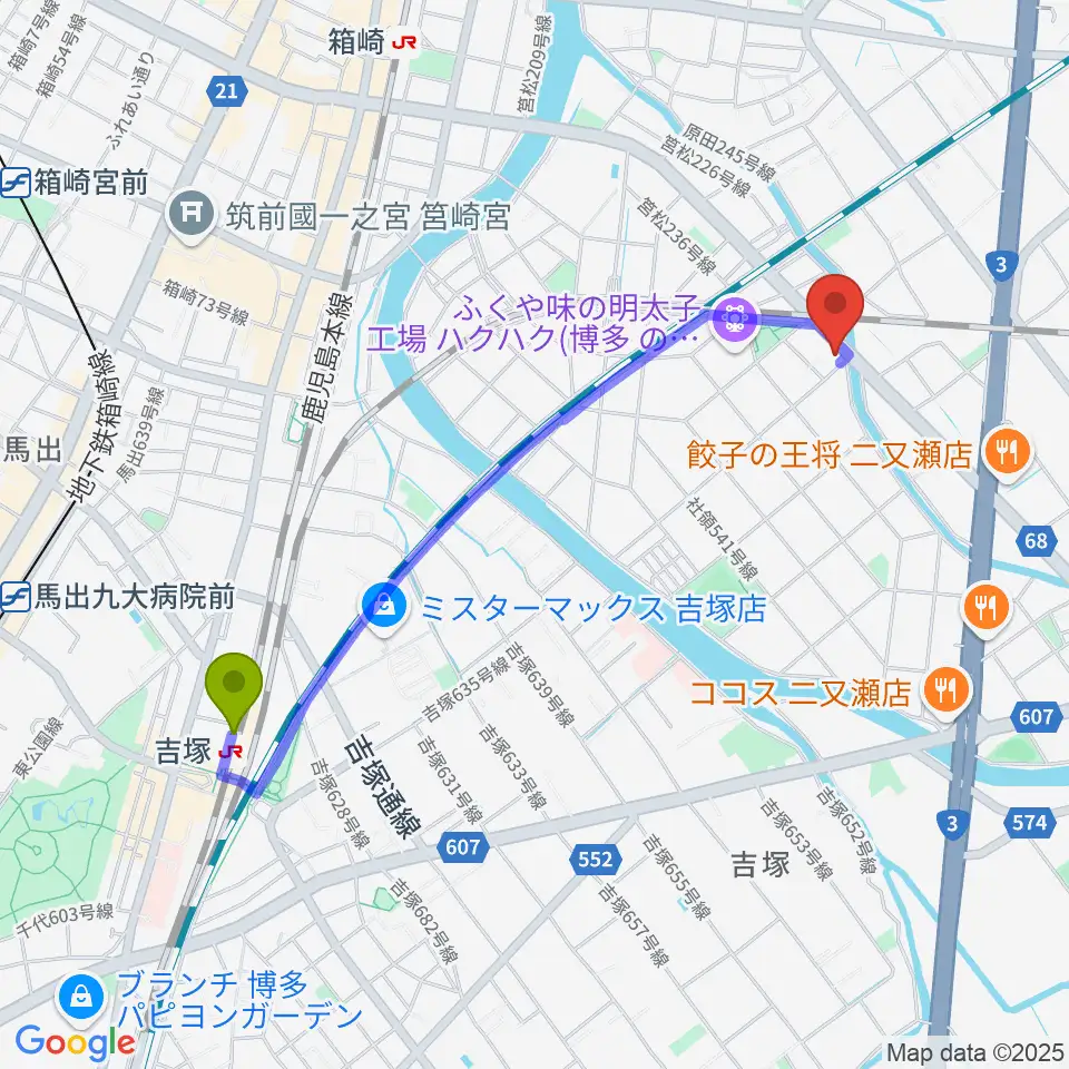 吉塚駅からアイミュージックスタジオへのルートマップ地図