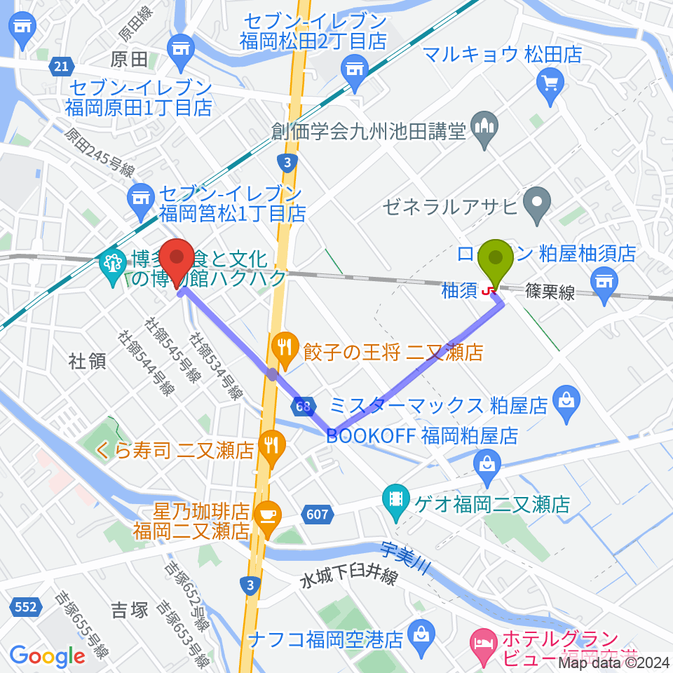 アイミュージックスタジオの最寄駅柚須駅からの徒歩ルート（約15分）地図