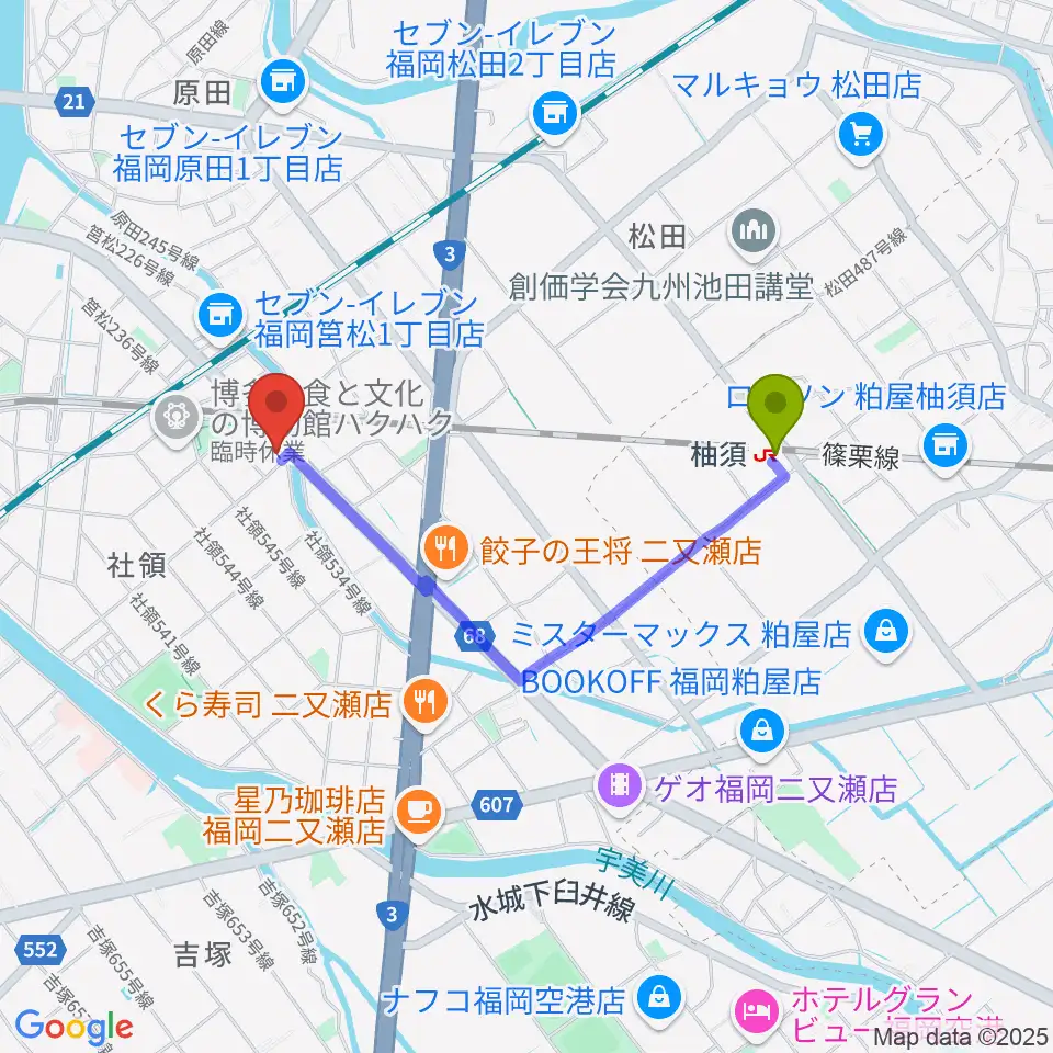 アイミュージックスタジオの最寄駅柚須駅からの徒歩ルート（約15分）地図