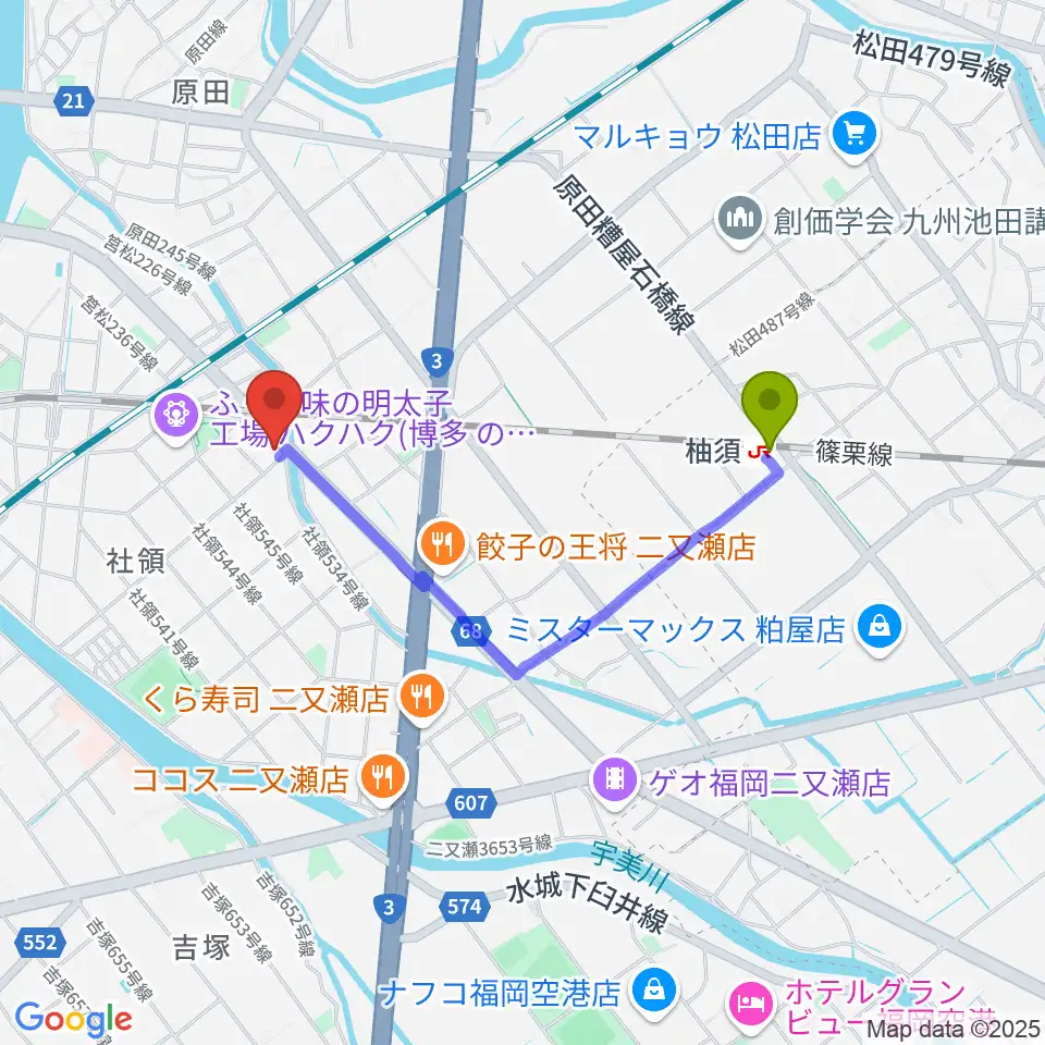 アイミュージックスタジオの最寄駅柚須駅からの徒歩ルート（約15分）地図