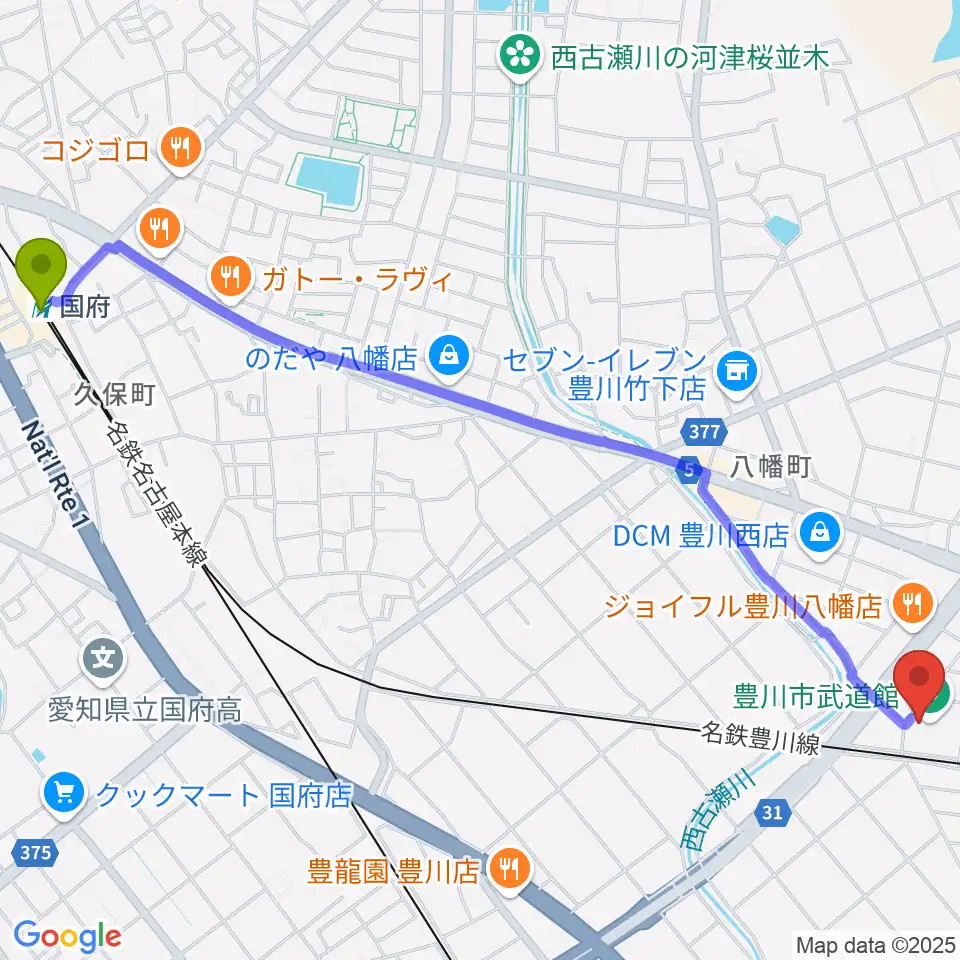 国府駅から豊川市武道館へのルートマップ地図