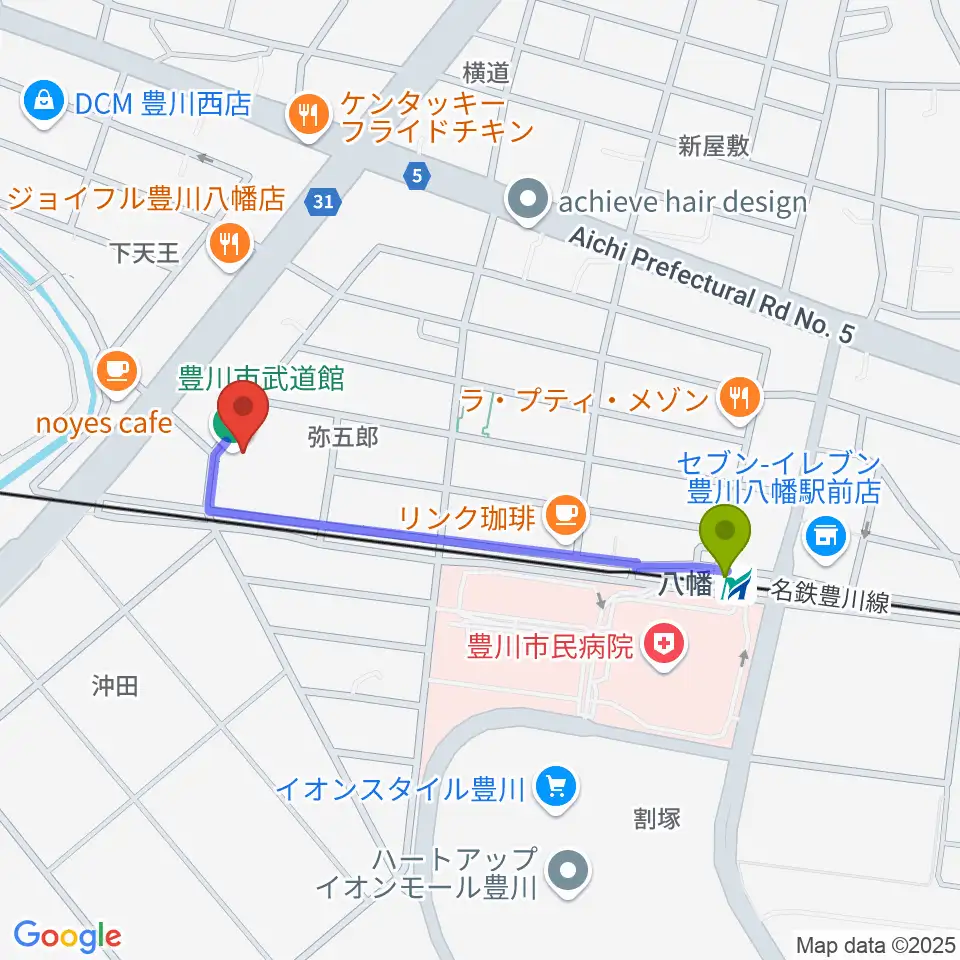 豊川市武道館の最寄駅八幡駅からの徒歩ルート（約8分）地図