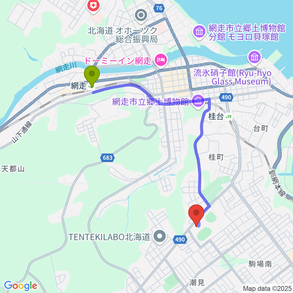 網走駅から網走市総合体育館へのルートマップ地図