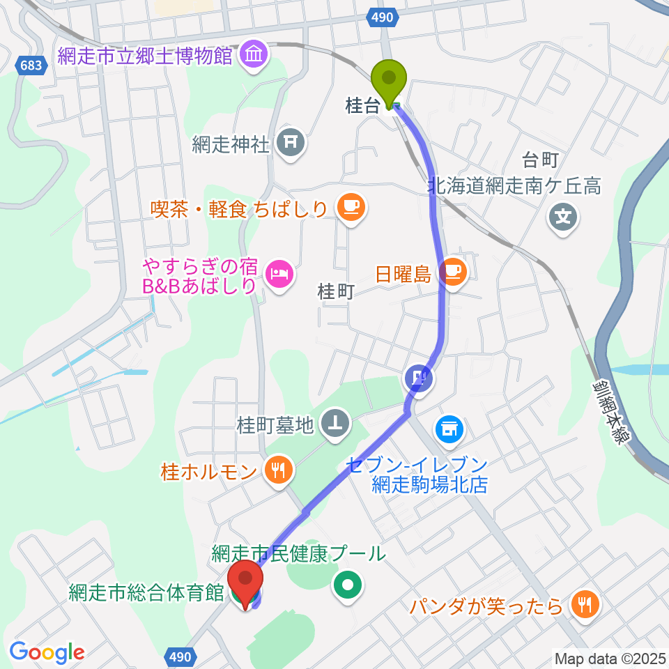 網走市総合体育館の最寄駅桂台駅からの徒歩ルート（約21分）地図