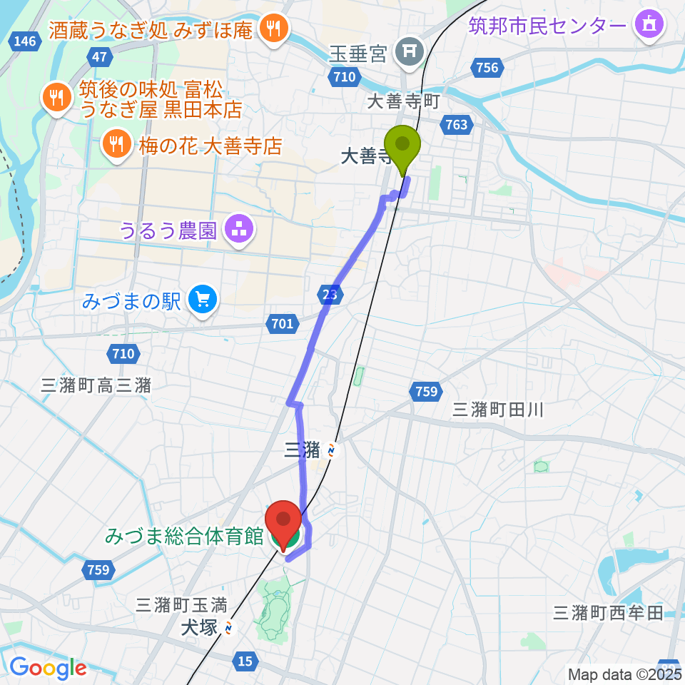 大善寺駅から久留米市みづま総合体育館へのルートマップ地図