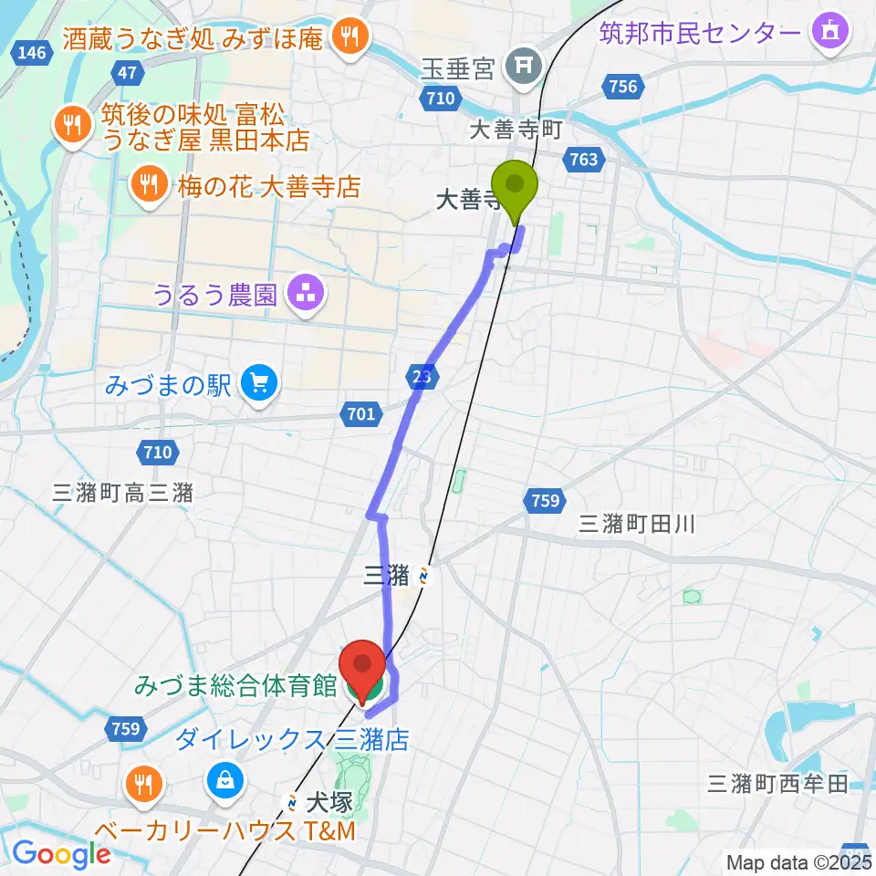大善寺駅から久留米市みづま総合体育館へのルートマップ地図