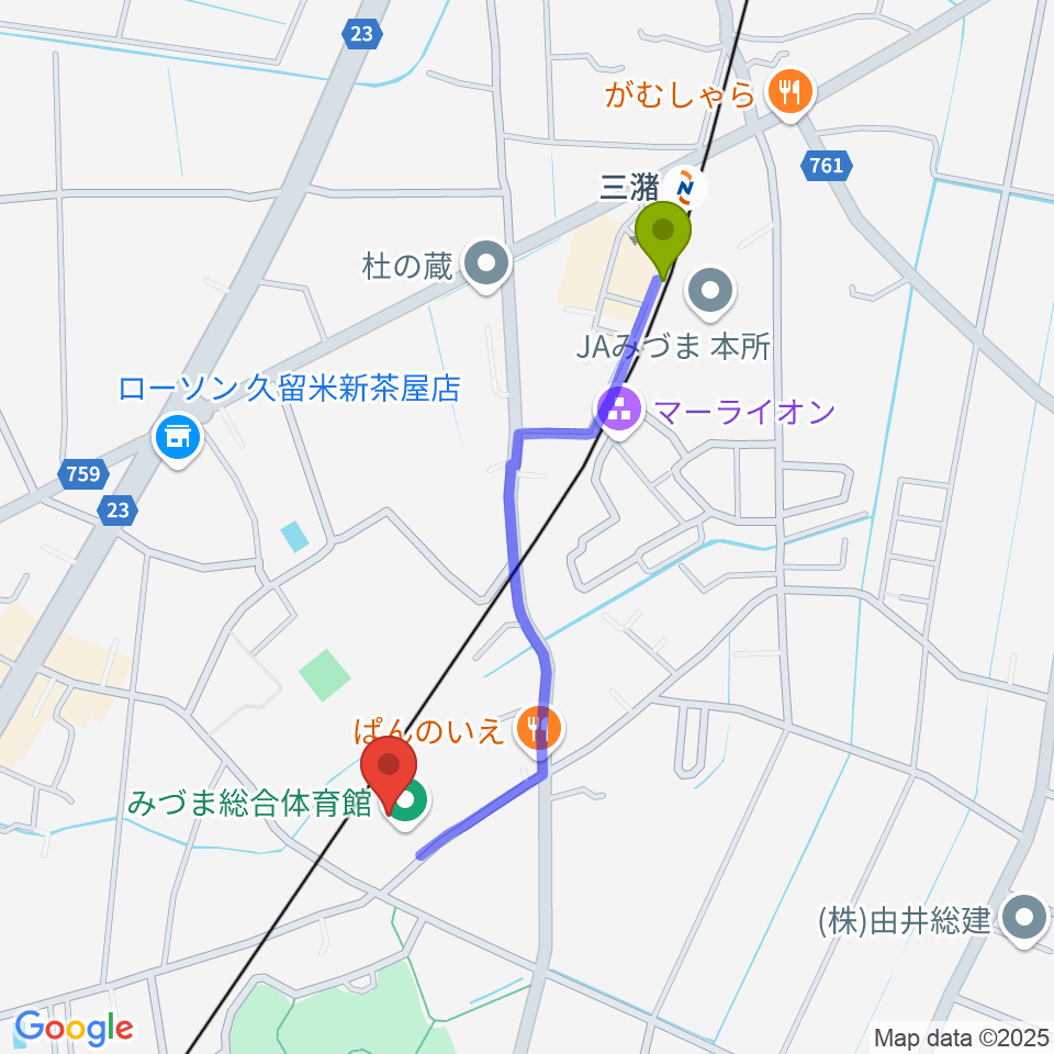 久留米市みづま総合体育館の最寄駅三潴駅からの徒歩ルート（約9分）地図