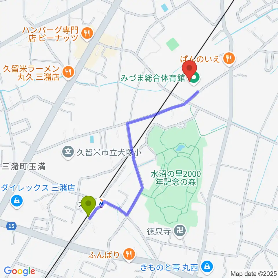 犬塚駅から久留米市みづま総合体育館へのルートマップ地図