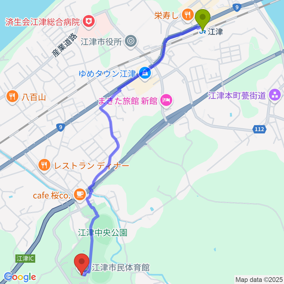 江津市民体育館の最寄駅江津駅からの徒歩ルート（約30分）地図