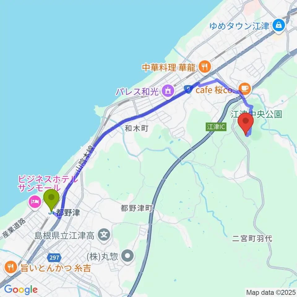 都野津駅から江津市民体育館へのルートマップ地図