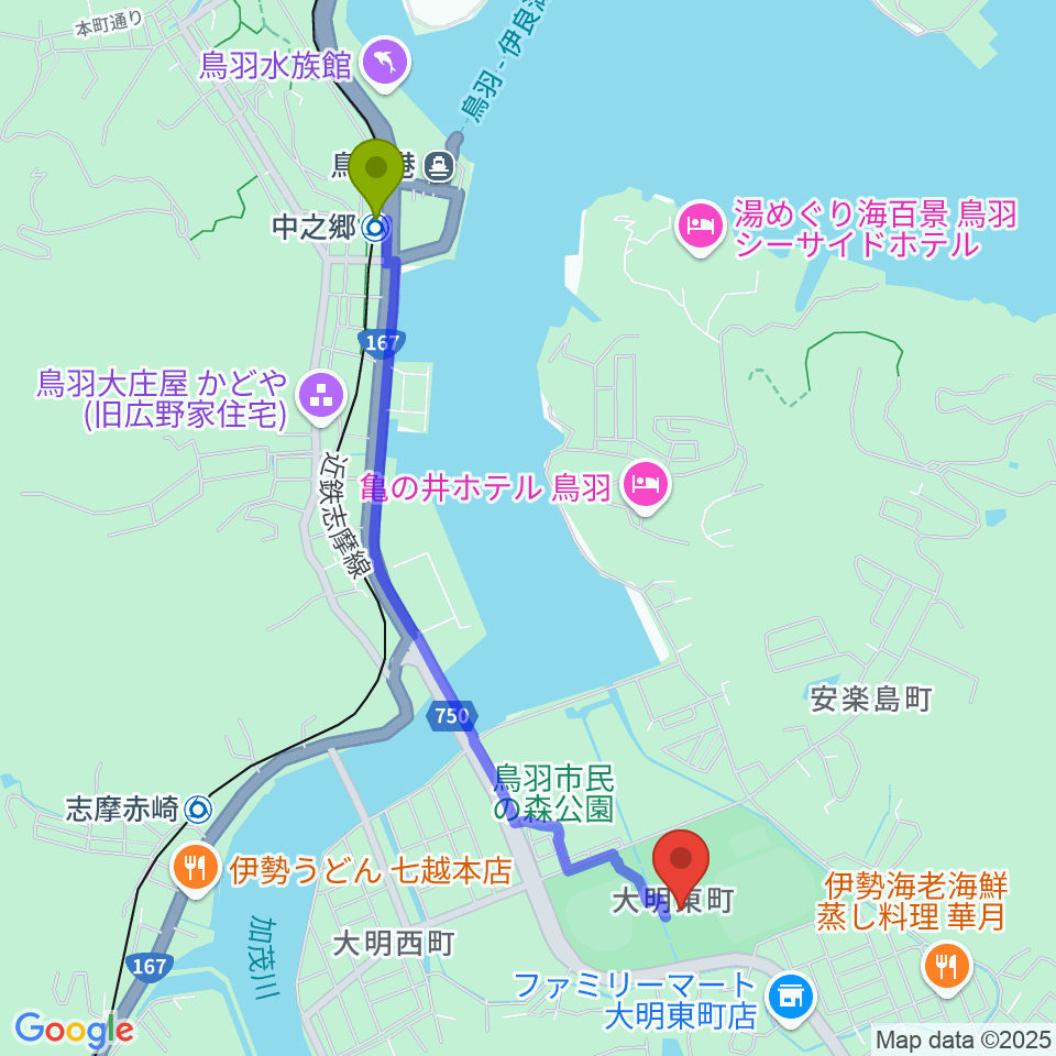 中之郷駅から鳥羽市民体育館へのルートマップ地図